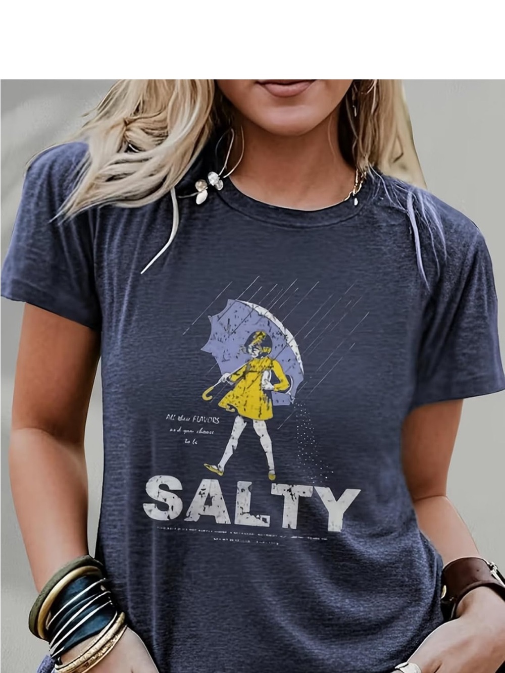 Salty Graphic Tee - Women's Navy Short Sleeve with Yellow Accent